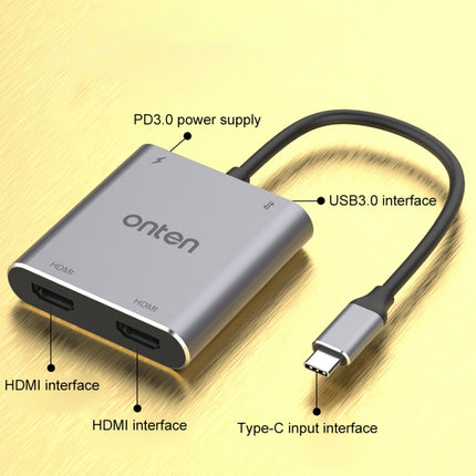 Onten 9175K 4 in 1 USB-C / Type-C to Dual HDMI + USB 3.0 + PD3.0 USB-C / Type-C Charging Port 4K HD Video Converter-garmade.com