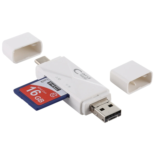 USB-C / Type-C + SD + TF + Micro USB to USB 2.0 Card Reader (White)-garmade.com