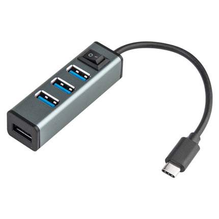 USB-C / Type-C to 4 USB 3.0 Ports Aluminum Alloy HUB with Switch (Grey)-garmade.com