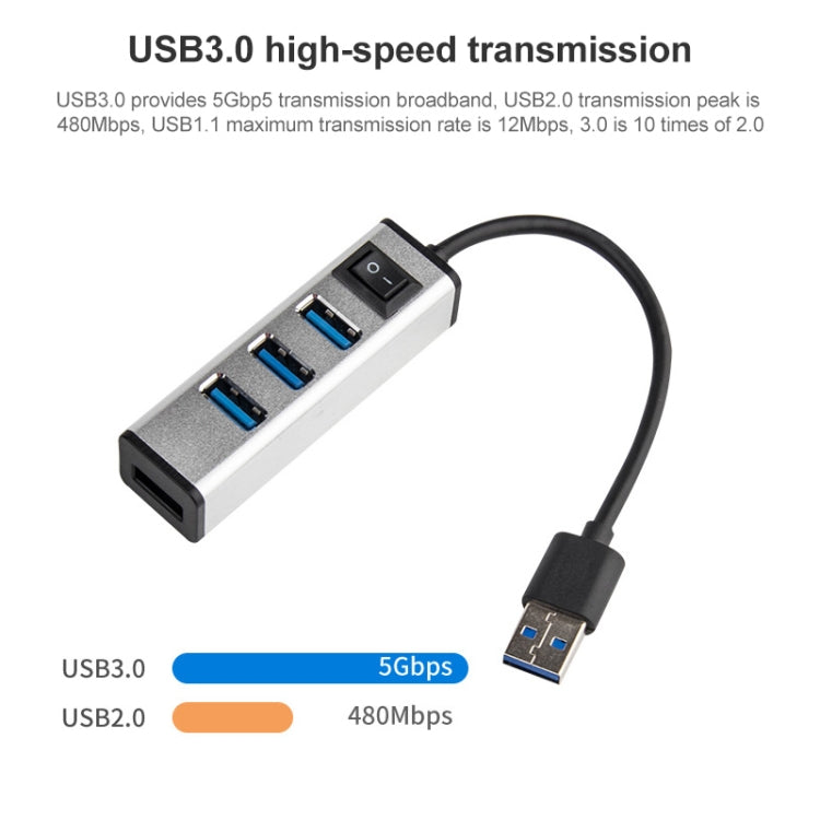 USB to 4 USB 3.0 Ports Aluminum Alloy HUB with Switch(Silver)-garmade.com
