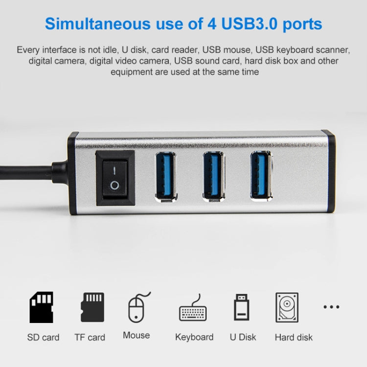 USB to 4 USB 3.0 Ports Aluminum Alloy HUB with Switch(Silver)-garmade.com