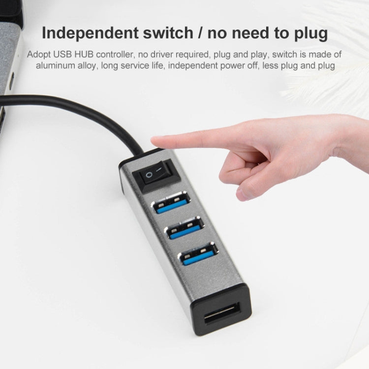 USB to 4 USB 3.0 Ports Aluminum Alloy HUB with Switch(Silver)-garmade.com