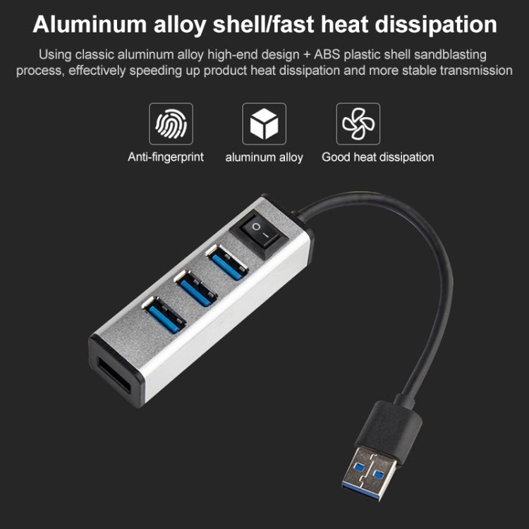USB to 4 USB 3.0 Ports Aluminum Alloy HUB with Switch(Silver)-garmade.com