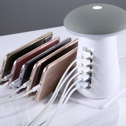 XLD888 5 Ports (2 x 5V/1A + 2 x 5V/2.1A + 1 x QC3.0) USB Charger Mushroom Light Desk Lamp Charger with Phone Holder-garmade.com