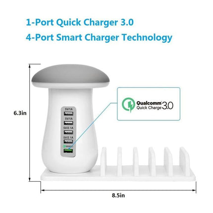 XLD888 5 Ports (2 x 5V/1A + 2 x 5V/2.1A + 1 x QC3.0) USB Charger Mushroom Light Desk Lamp Charger with Phone Holder-garmade.com