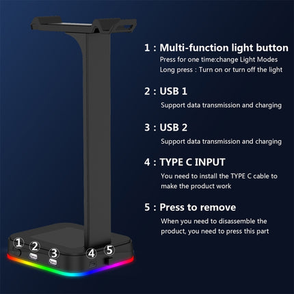 RGBD9 Colorful Glowing Gaming Headset Display Stand with Charging + Data Transmission Dual USB Interface (Black)-garmade.com