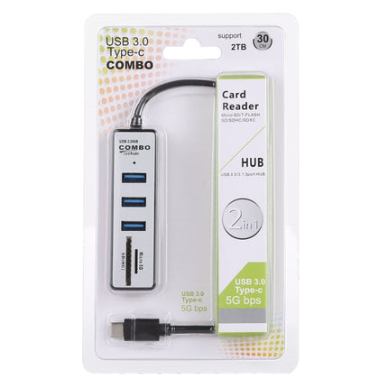 2 in 1 TF / SD Card Reader + 3 x USB 3.0 Ports to USB-C / Type-C HUB Converter, Cable Length: 26cm (Black)-garmade.com
