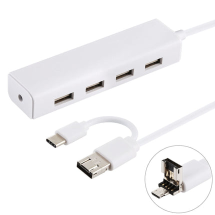 3 in 1 USB-C / Type-C + Micro USB + 4 x USB 2.0 Ports HUB Converter, Cable Length: 12cm(White)-garmade.com