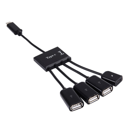 Portable 4 in 1 USB-C / Type-C to 3 Ports USB 2.0 OTG HUB Cable with Micro USB Power Supply-garmade.com