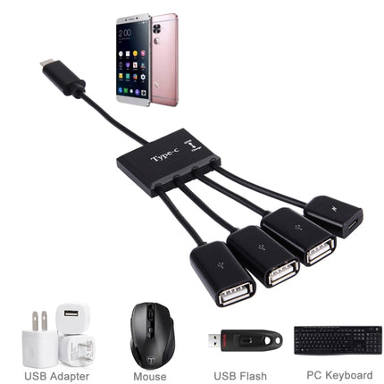 Portable 4 in 1 USB-C / Type-C to 3 Ports USB 2.0 OTG HUB Cable with Micro USB Power Supply-garmade.com