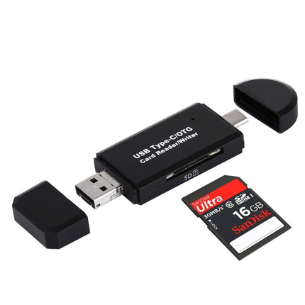 3 in 1 USB-C / Type-C 3.1 to USB 2.0 + Micro USB + SD(HC) + Micro SD Card Reader Adapter with OTG Function(Black)-garmade.com