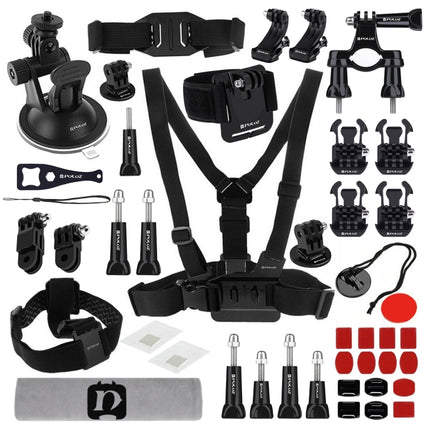 PULUZ 45 in 1 Accessories Ultimate Combo Kits (Chest Strap + Suction Cup Mount + 3-Way Pivot Arms + J-Hook Buckle + Wrist Strap + Helmet Strap + Surface Mounts + Tripod Adapter + Storage Bag + Handlebar Mount + Wrench) for GoPro HERO10 Black / HERO9 Black-garmade.com