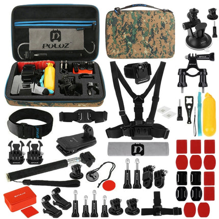 PULUZ 53 in 1 Accessories Total Ultimate Combo Kits with Camouflage EVA Case (Chest Strap + Suction Cup Mount + 3-Way Pivot Arms + J-Hook Buckle + Wrist Strap + Helmet Strap + Extendable Monopod + Surface Mounts + Tripod Adapters + Storage Bag + Handlebar-garmade.com
