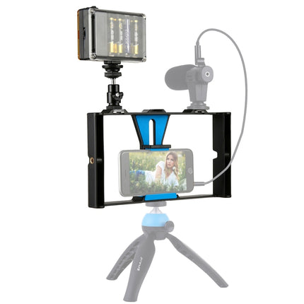 [US Warehouse] PULUZ 2 in 1 Vlogging Live Broadcast LED Selfie Light Smartphone Video Rig Kits with Cold Shoe Tripod Head for iPhone, Galaxy, Huawei, Xiaomi, HTC, LG, Google, and Other Smartphones(Blue)-garmade.com