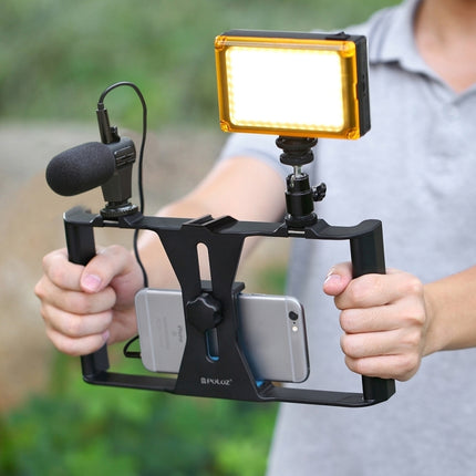 [US Warehouse] PULUZ 3 in 1 Vlogging Live Broadcast LED Selfie Light Smartphone Video Rig Kits with Microphone + Cold Shoe Tripod Head for iPhone, Galaxy, Huawei, Xiaomi, HTC, LG, Google, and Other Smartphones(Blue)-garmade.com
