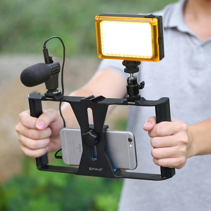 [US Warehouse] PULUZ 4 in 1 Vlogging Live Broadcast LED Selfie Light Smartphone Video Rig Kits with Microphone + Tripod Mount + Cold Shoe Tripod Head for iPhone, Galaxy, Huawei, Xiaomi, HTC, LG, Google, and Other Smartphones(Blue)-garmade.com
