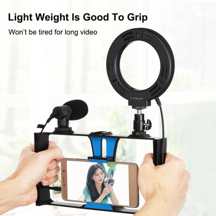 PULUZ 4 in 1 Vlogging Live Broadcast Smartphone Video Rig + 4.7 inch 12cm Ring LED Selfie Light Kits with Microphone + Tripod Mount + Cold Shoe Tripod Head for iPhone, Galaxy, Huawei, Xiaomi, HTC, LG, Google, and Other Smartphones(Blue)-garmade.com
