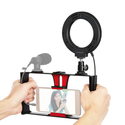 PULUZ 2 in 1 Vlogging Live Broadcast Smartphone Video Rig + 4.7 inch 12cm Ring LED Selfie Light Kits with Cold Shoe Tripod Head for iPhone, Galaxy, Huawei, Xiaomi, HTC, LG, Google, and Other Smartphones(Red)-garmade.com