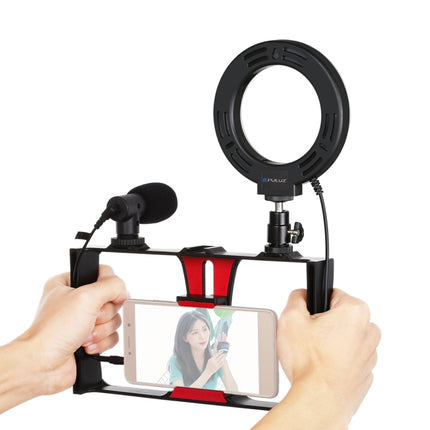 PULUZ 3 in 1 Vlogging Live Broadcast Smartphone Video Rig + Microphone + 4.7 inch 12cm Ring LED Selfie Light Kits with Cold Shoe Tripod Head for iPhone, Galaxy, Huawei, Xiaomi, HTC, LG, Google, and Other Smartphones(Red)-garmade.com