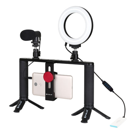 PULUZ 4 in 1 Vlogging Live Broadcast 4.7 inch 12cm Ring LED Selfie Light Smartphone Video Rig Handle Stabilizer Aluminum Bracket Kits with Microphone + Tripod Mount + Cold Shoe Tripod Head-garmade.com