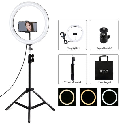 PULUZ 11.8 inch 30cm Light + 1.1m Tripod Mount Curved Surface USB 3 Modes Dimmable Dual Color Temperature LED Ring Vlogging Video Light Live Broadcast Kits with Phone Clamp(Black)-garmade.com