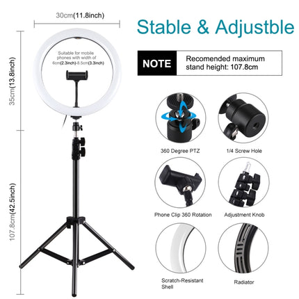 PULUZ 11.8 inch 30cm Light + 1.1m Tripod Mount Curved Surface USB 3 Modes Dimmable Dual Color Temperature LED Ring Vlogging Video Light Live Broadcast Kits with Phone Clamp(Black)-garmade.com