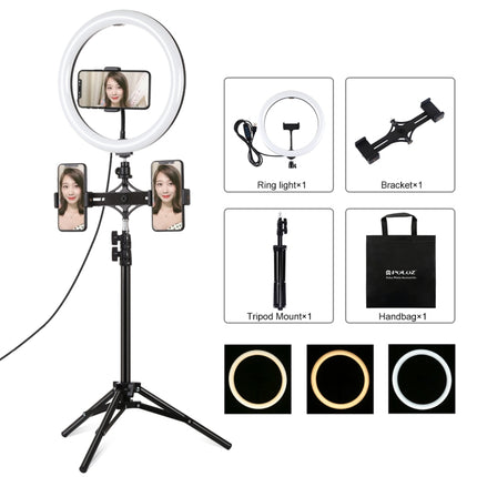 PULUZ 11.8 inch 30cm Light + 1.1m Tripod Mount + Dual Phone Brackets Curved Surface USB 3 Modes Dimmable Dual Color Temperature LED Ring Vlogging Video Light Live Broadcast Kits with Phone Clamp(Black)-garmade.com
