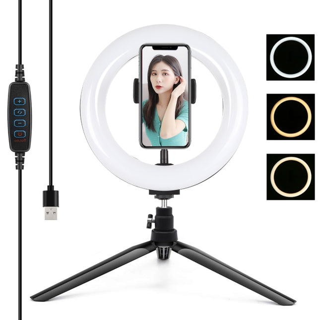 PULUZ 7.9 inch 20cm Light + Desktop Tripod Mount USB 3 Modes Dimmable Dual Color Temperature LED Curved Light Ring Vlogging Selfie Beauty Photography Video Lights with Phone Clamp(Black)-garmade.com