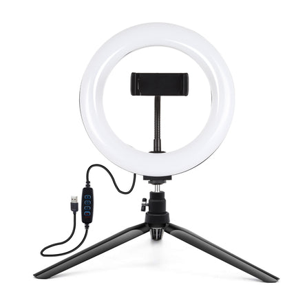 PULUZ 7.9 inch 20cm Light + Desktop Tripod Mount USB 3 Modes Dimmable Dual Color Temperature LED Curved Light Ring Vlogging Selfie Beauty Photography Video Lights with Phone Clamp(Black)-garmade.com