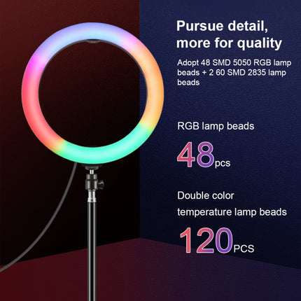PULUZ 10.2 inch 26cm Marquee LED RGBWW Selfie Beauty Light + 1.1m Tripod Mount 168 LED Dual-color Temperature Dimmable Ring Vlogging Photography Video Lights with Cold Shoe Tripod Ball Head & Remote Control & Phone Clamp(Black)-garmade.com