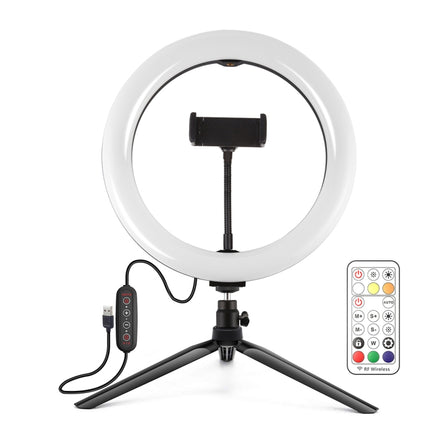PULUZ 10.2 inch 26cm Marquee LED RGBWW Selfie Beauty Light + Desktop Tripod Mount 168 LED Dual-color Temperature Dimmable Ring Vlogging Photography Video Lights with Cold Shoe Tripod Ball Head & Remote Control & Phone Clamp(Black)-garmade.com