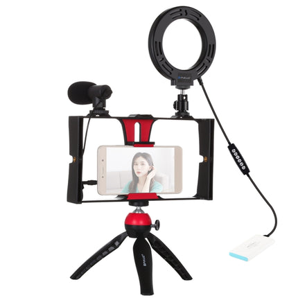PULUZ 4 in 1 Vlogging Live Broadcast Smartphone Video Rig + 4.7 inch 12cm RGBW Ring LED Selfie Light + Microphone + Pocket Tripod Mount Kits with Cold Shoe Tripod Head(Red)-garmade.com