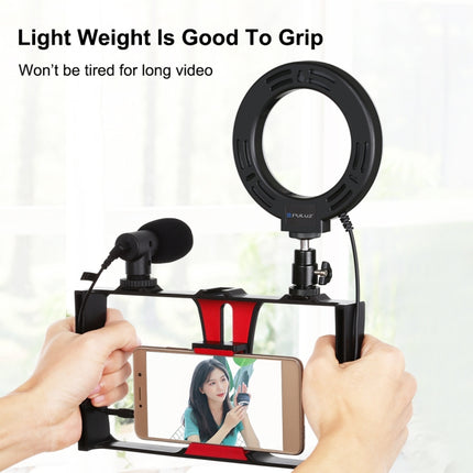 PULUZ 4 in 1 Vlogging Live Broadcast Smartphone Video Rig + 4.7 inch 12cm RGBW Ring LED Selfie Light + Microphone + Pocket Tripod Mount Kits with Cold Shoe Tripod Head(Red)-garmade.com