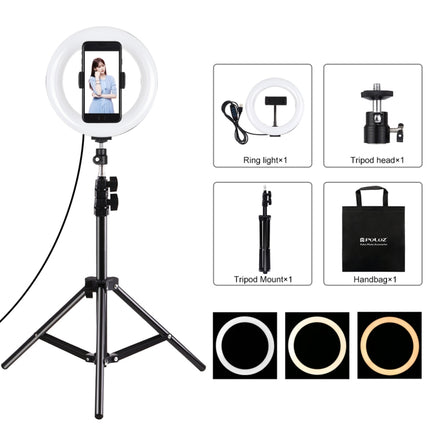PULUZ 7.9 inch 20cm Light+ 1.1m Tripod Mount USB 3 Modes Dimmable Dual Color Temperature LED Curved Light Ring Vlogging Selfie Photography Video Lights with Phone Clamp(Black)-garmade.com