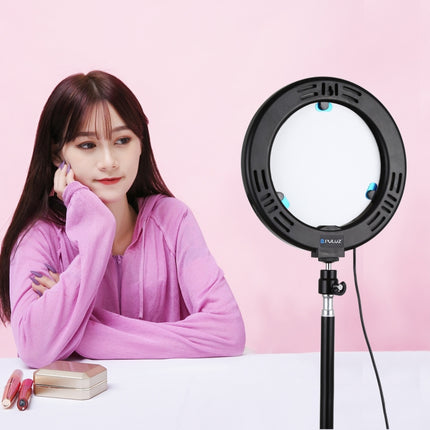 PULUZ 7.9 inch 20cm Mirror Light+ 1.1m Tripod Mount USB 3 Modes Dimmable Dual Color Temperature LED Curved Light Ring Vlogging Selfie Photography Video Lights with Mirror & Phone Clamp(Black)-garmade.com