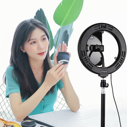 PULUZ 7.9 inch 20cm Mirror Light+ 1.1m Tripod Mount USB 3 Modes Dimmable Dual Color Temperature LED Curved Light Ring Vlogging Selfie Photography Video Lights with Mirror & Phone Clamp(Black)-garmade.com