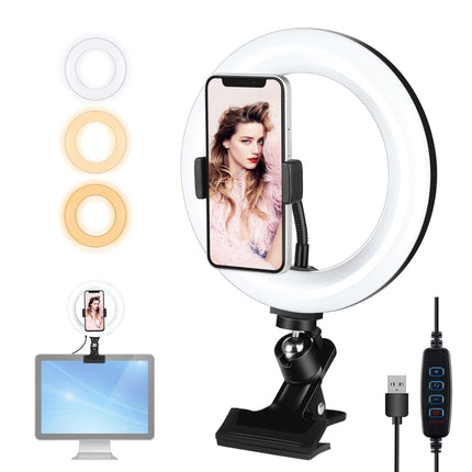 PULUZ 7.9 inch 20cm Ring Selfie Light + Monitor Clip 3 Modes USB Dimmable Dual Color Temperature LED Curved Vlogging Photography Video Lights Kits with Phone Clamp(Black)-garmade.com