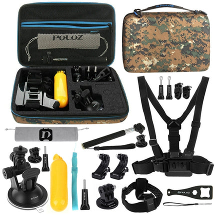 PULUZ 20 in 1 Accessories Combo Kit with Camouflage EVA Case (Chest Strap + Head Strap + Suction Cup Mount + 3-Way Pivot Arm + J-Hook Buckles + Extendable Monopod + Tripod Adapter + Bobber Hand Grip + Storage Bag + Wrench) for GoPro HERO10 Black /GoPro HE-garmade.com
