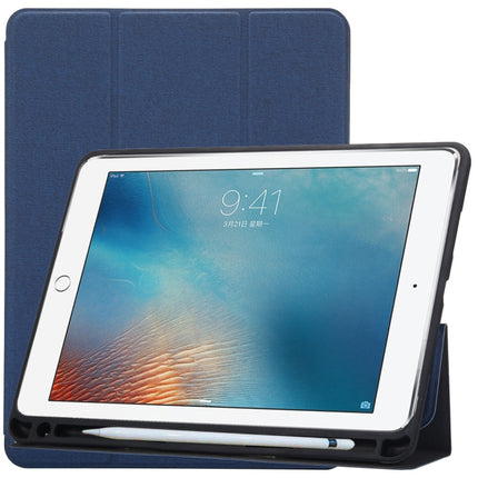 Cloth Texture Pattern Case for iPad 9.7 (2018) & iPad 9.7 inch (2017), with Three-folding Holder & Pen Slots(Blue)-garmade.com