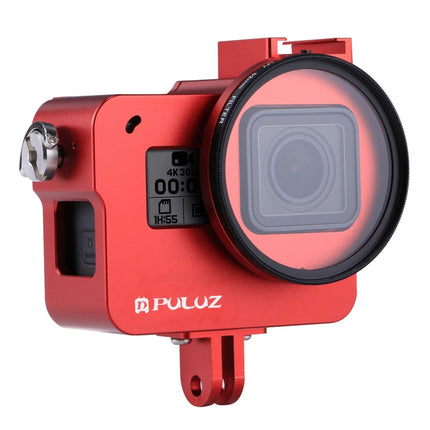 [US Warehouse] PULUZ Housing Shell CNC Aluminum Alloy Protective Cage with Insurance Frame & 52mm UV Lens for GoPro HERO(2018) /7 Black /6 /5(Red)-garmade.com
