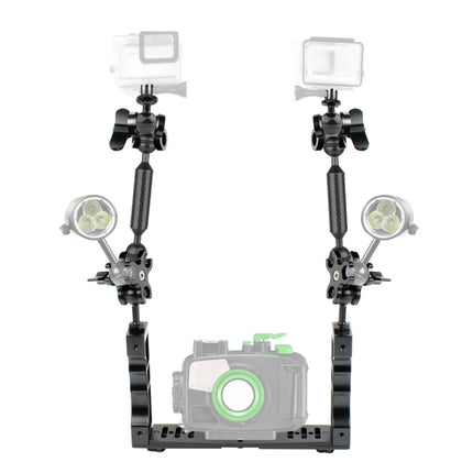 PULUZ Dual Handle Aluminium Tray Stabilizer with 4 x Dual Ball Aluminum Alloy Clamp & 2 x 7 inch Floating Arm & 2 x Ball Head Adapter for Underwater Camera Housings-garmade.com