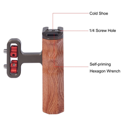 PULUZ Universal Side Wooden Handle Handgrip with Cold Shoe for DSLR Camera Cage(Bronze)-garmade.com