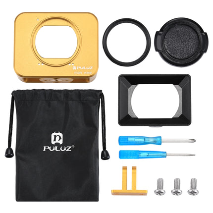 PULUZ for Sony RX0 Aluminum Alloy Protective Cage + 37mm UV Filter Lens + Lens Sunshade with Screws and Screwdrivers(Gold)-garmade.com
