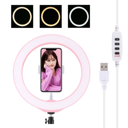 PULUZ 10.2 inch 26cm USB 3 Modes Dimmable LED Ring Vlogging Selfie Beauty Photography Video Lights with Tripod Ball Head & Phone Clamp(Pink)-garmade.com