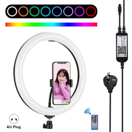 PULUZ 11.8 inch 30cm RGB Dimmable LED Ring Vlogging Selfie Photography Video Lights with Cold Shoe Tripod Ball Head & Phone Clamp (Black)(AU Plug)-garmade.com