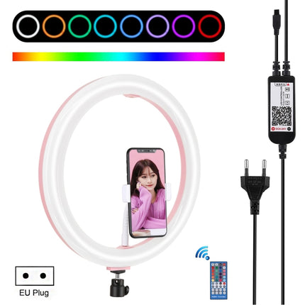 PULUZ 11.8 inch 30cm RGB Dimmable LED Ring Vlogging Selfie Photography Video Lights with Cold Shoe Tripod Ball Head & Phone Clamp (Pink)(EU Plug)-garmade.com