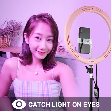 PULUZ 11.8 inch 30cm RGB Dimmable LED Ring Vlogging Selfie Photography Video Lights with Cold Shoe Tripod Ball Head & Phone Clamp (Pink)(UK Plug)-garmade.com