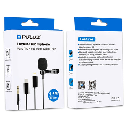 PULUZ 1.5m 8 Pin Jack Lavalier Wired Condenser Recording Microphone-garmade.com