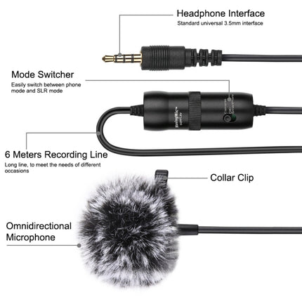 PULUZ 3.5mm Jack Lavalier Omnidirectional Condenser Recording Video Microphone, Length: 6m-garmade.com