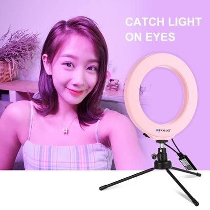 PULUZ 6.2 inch 16cm USB RGBW Dimmable LED Ring Vlogging Photography Video Lights with Cold Shoe Tripod Ball Head & Remote Control(Pink)-garmade.com